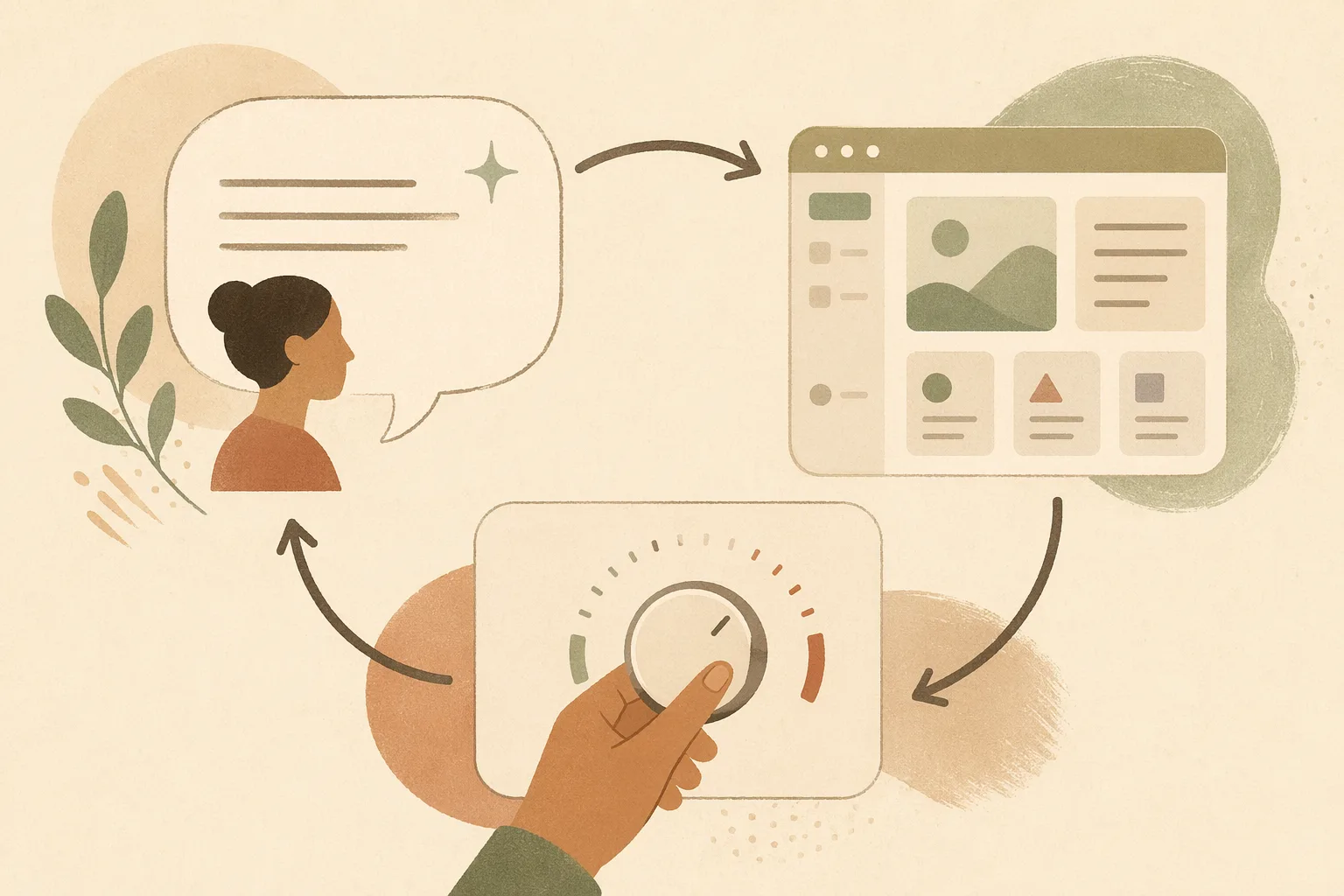Editorial illustration of the describe, generate, and steer loop in OpenDesign