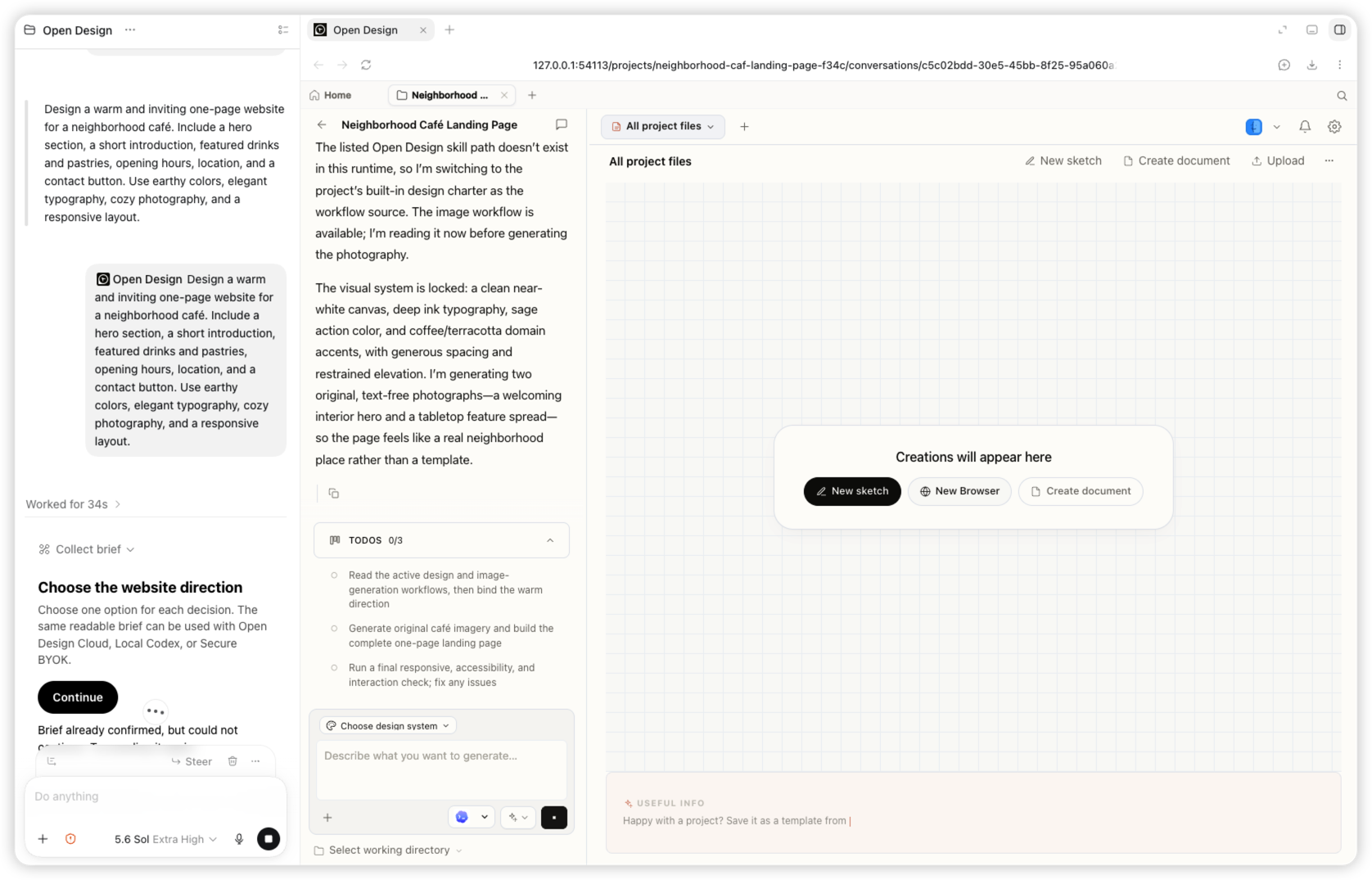 Ein echter Arbeitsbereich von Codex und OpenDesign während der Erstellung der Website für das Nachbarschaftscafé