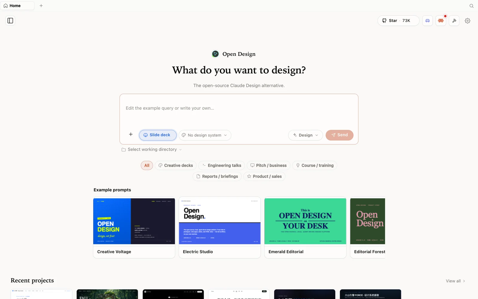 OpenDesign'da örnek sunumlarla slayt sunumu modu.