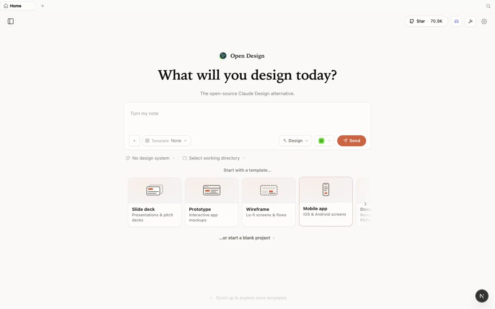 The OpenDesign workspace — pick what you want to design.